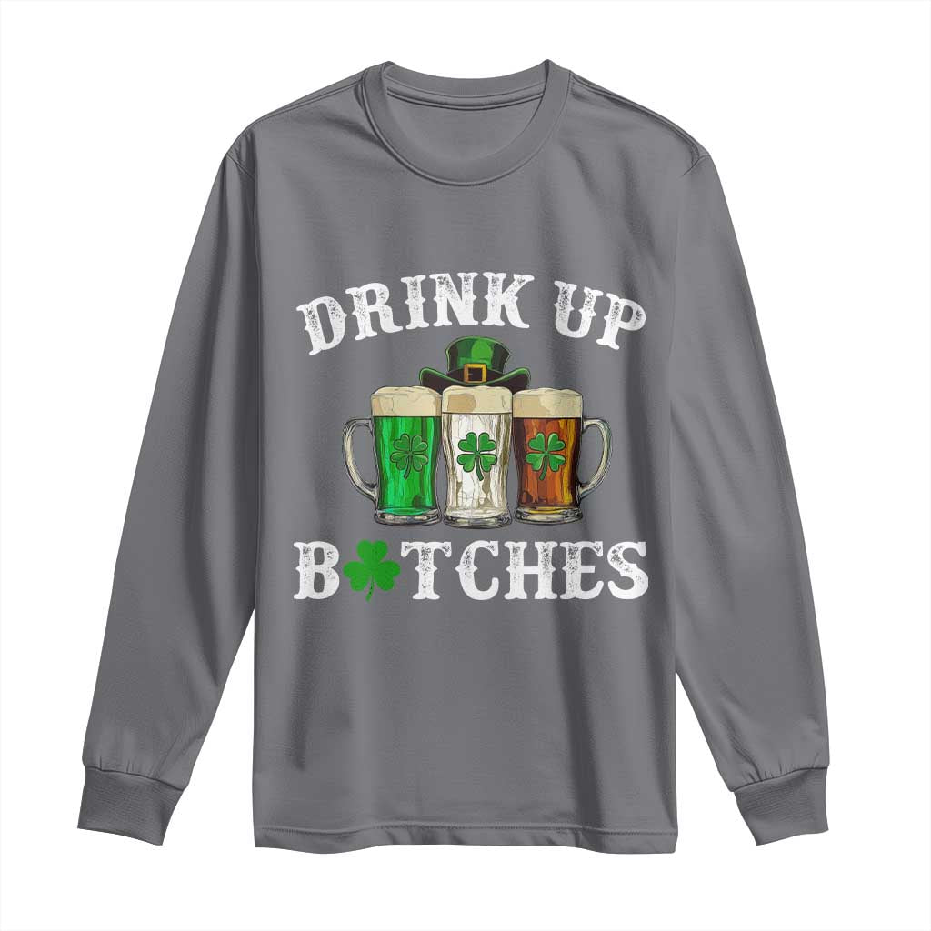 Funny St Patrick's Day Irish Beer Drinking Long Sleeve Shirt Drink Up Bitches Ireland Flag