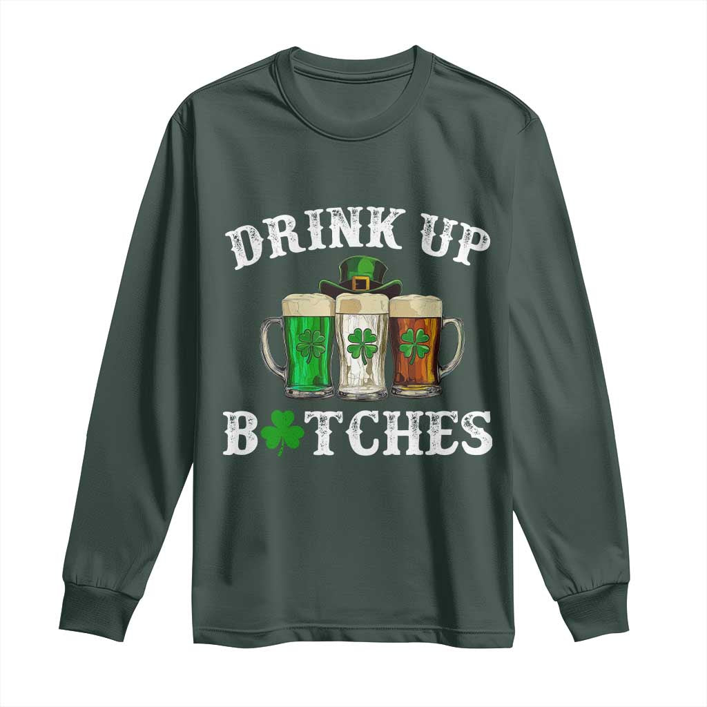 Funny St Patrick's Day Irish Beer Drinking Long Sleeve Shirt Drink Up Bitches Ireland Flag