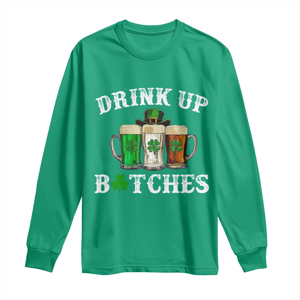 Funny St Patrick's Day Irish Beer Drinking Long Sleeve Shirt Drink Up Bitches Ireland Flag