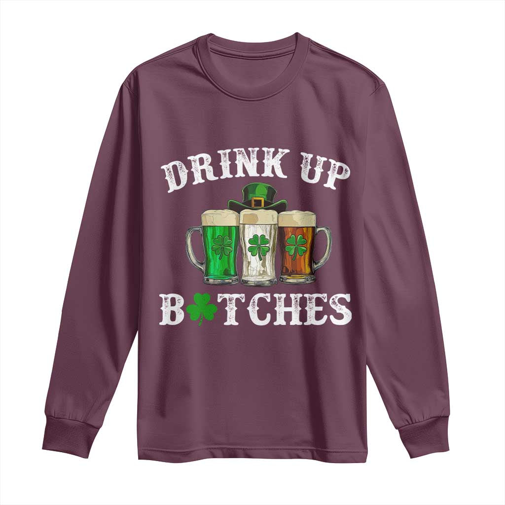Funny St Patrick's Day Irish Beer Drinking Long Sleeve Shirt Drink Up Bitches Ireland Flag