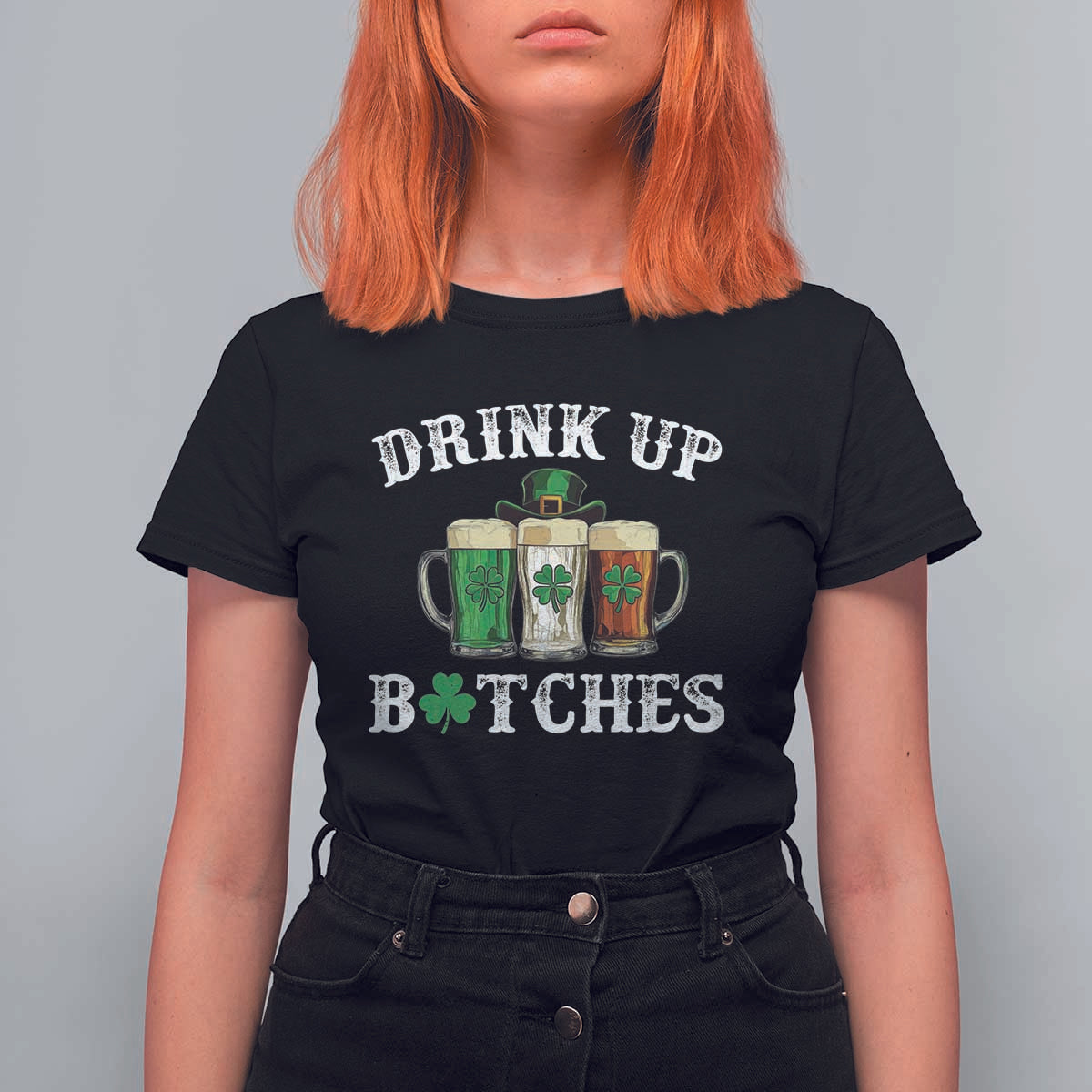 Funny St Patrick's Day Irish Beer Drinking T Shirt For Women Drink Up Bitches Ireland Flag