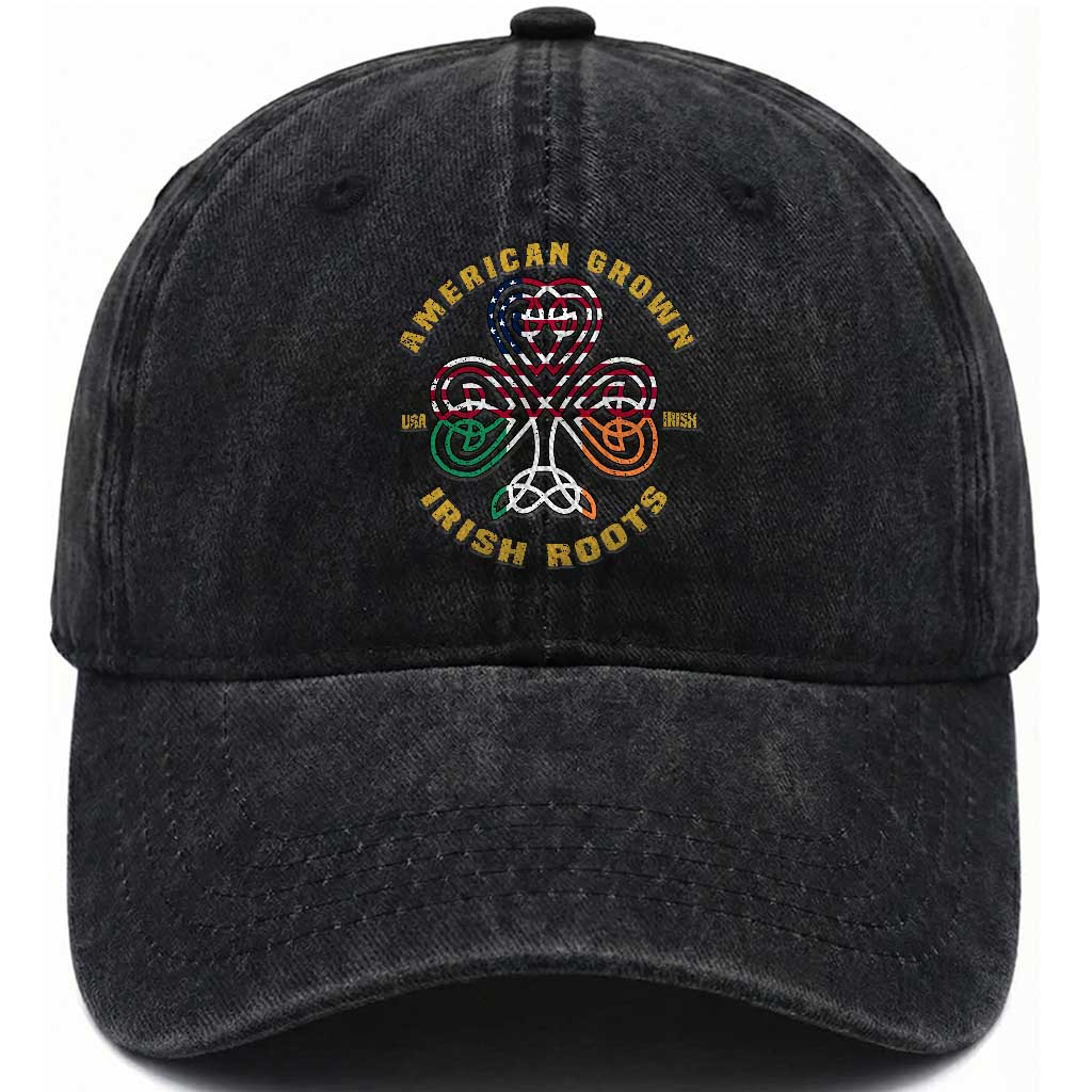 American Grown With Irish Roots Washed Cotton Baseball Cap Irish American Shamrock