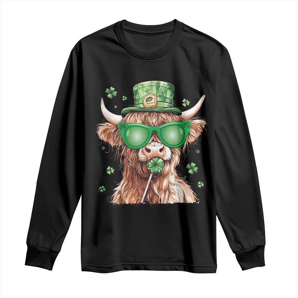Funny St Patrick's Day Highland Cow Shamrock Long Sleeve Shirt