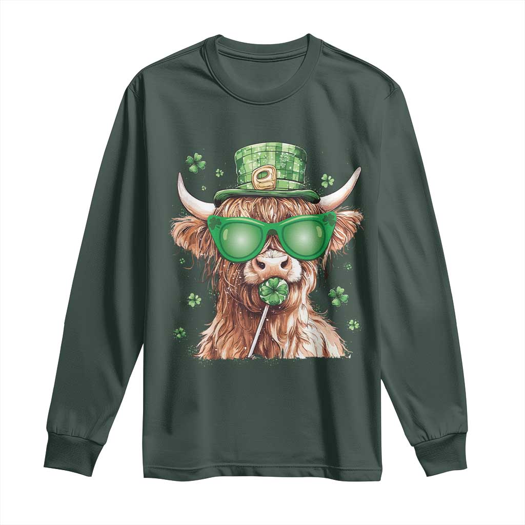 Funny St Patrick's Day Highland Cow Shamrock Long Sleeve Shirt