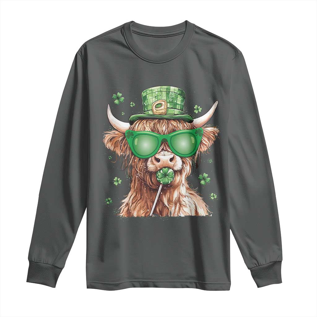 Funny St Patrick's Day Highland Cow Shamrock Long Sleeve Shirt