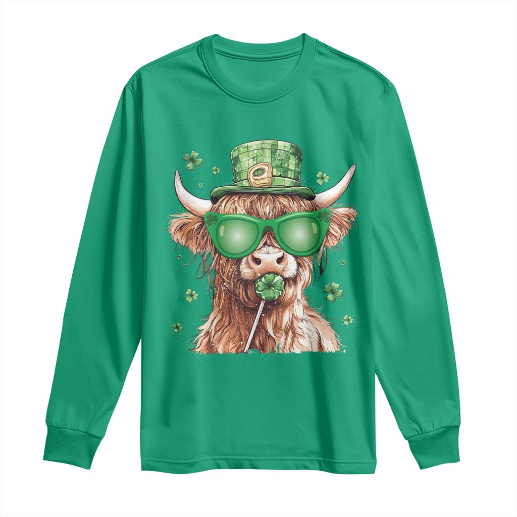 Funny St Patrick's Day Highland Cow Shamrock Long Sleeve Shirt