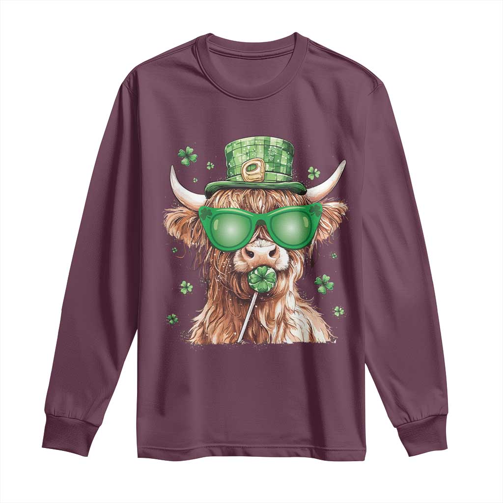 Funny St Patrick's Day Highland Cow Shamrock Long Sleeve Shirt