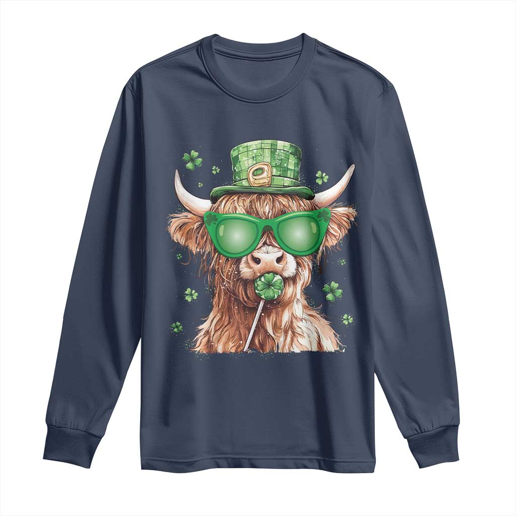 Funny St Patrick's Day Highland Cow Shamrock Long Sleeve Shirt