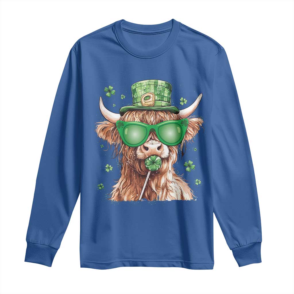 Funny St Patrick's Day Highland Cow Shamrock Long Sleeve Shirt