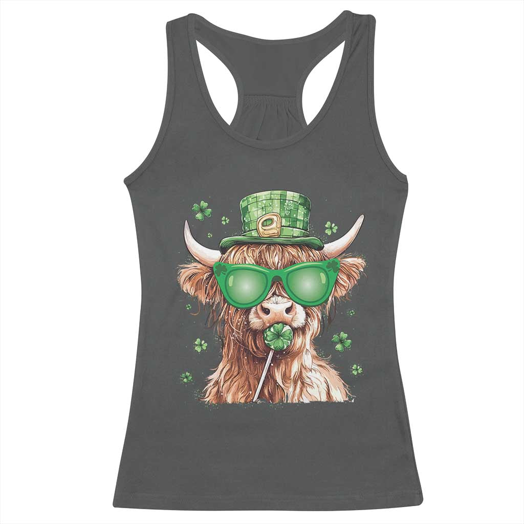 Funny St Patrick's Day Highland Cow Shamrock Racerback Tank Top