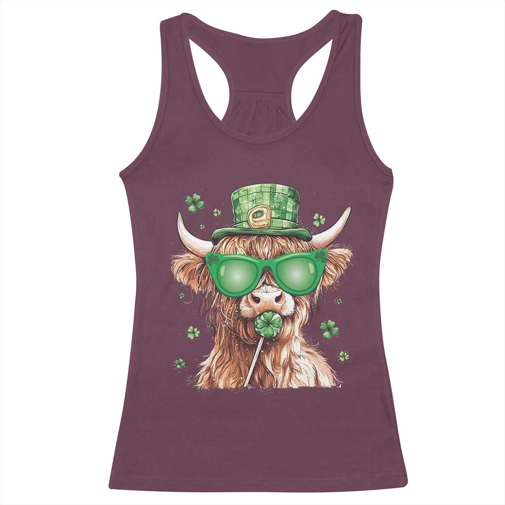 Funny St Patrick's Day Highland Cow Shamrock Racerback Tank Top