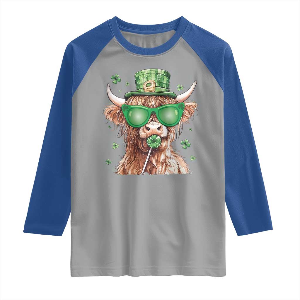 Funny St Patrick's Day Highland Cow Shamrock Raglan Shirt
