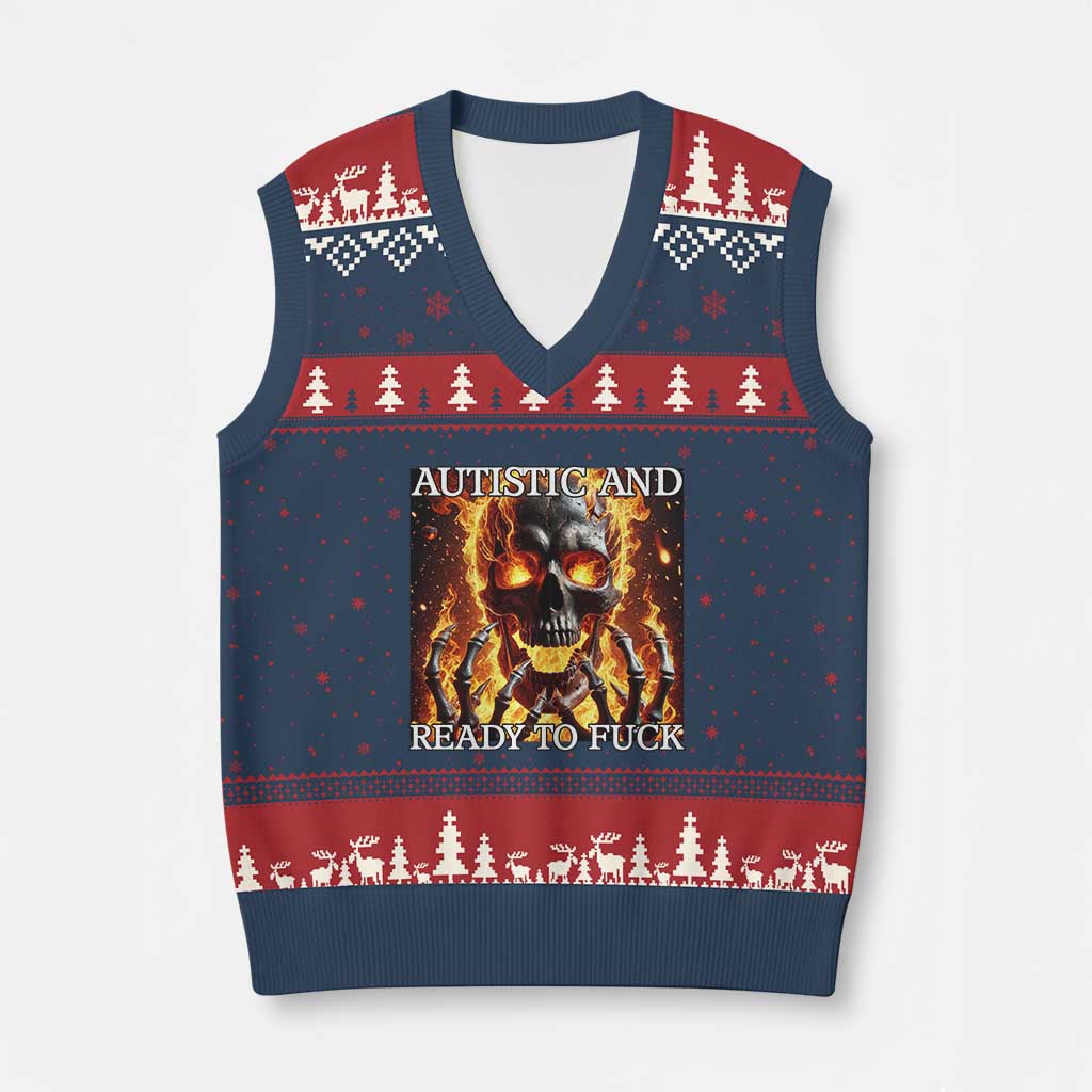 Funny Autistic Fire Skeleton V-Neck Knit Sweater Vest Autism Humor Joke