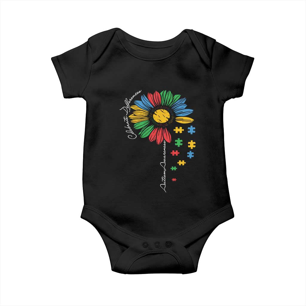 Autism Awareness Celebrate Differences Baby Onesie Sunflower Puzzle Pieces