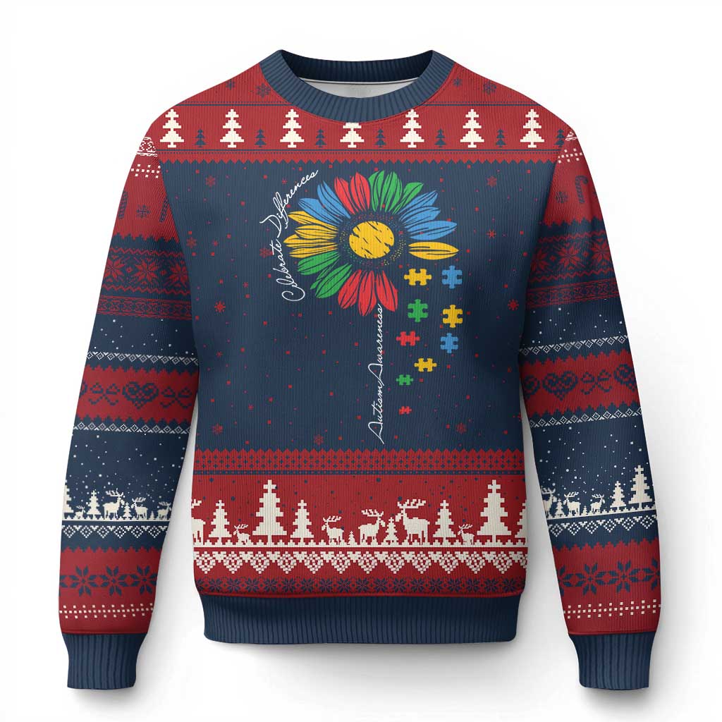Autism Awareness Celebrate Differences Ugly Christmas Sweater Sunflower Puzzle Pieces