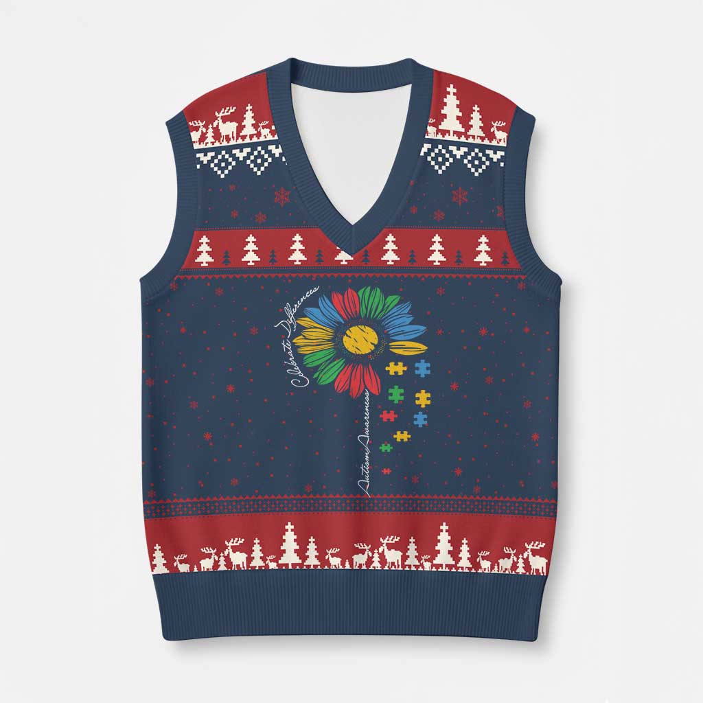 Autism Awareness Celebrate Differences V-Neck Knit Sweater Vest Sunflower Puzzle Pieces