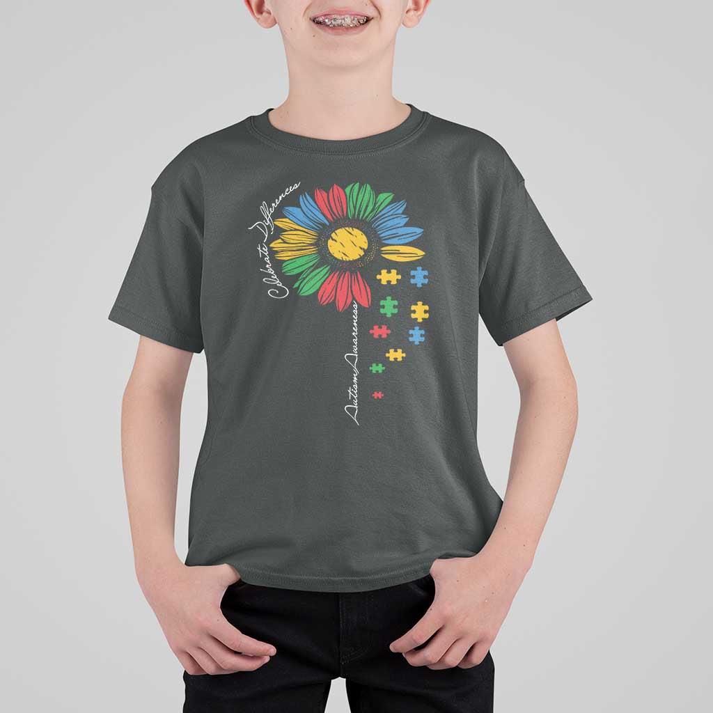 Autism Awareness Celebrate Differences T Shirt For Kid Sunflower Puzzle Pieces