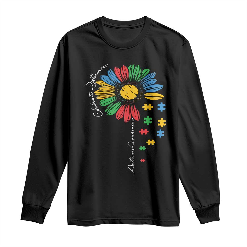 Autism Awareness Celebrate Differences Long Sleeve Shirt Sunflower Puzzle Pieces