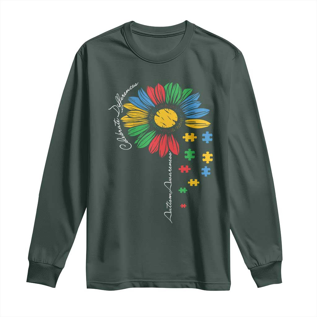 Autism Awareness Celebrate Differences Long Sleeve Shirt Sunflower Puzzle Pieces