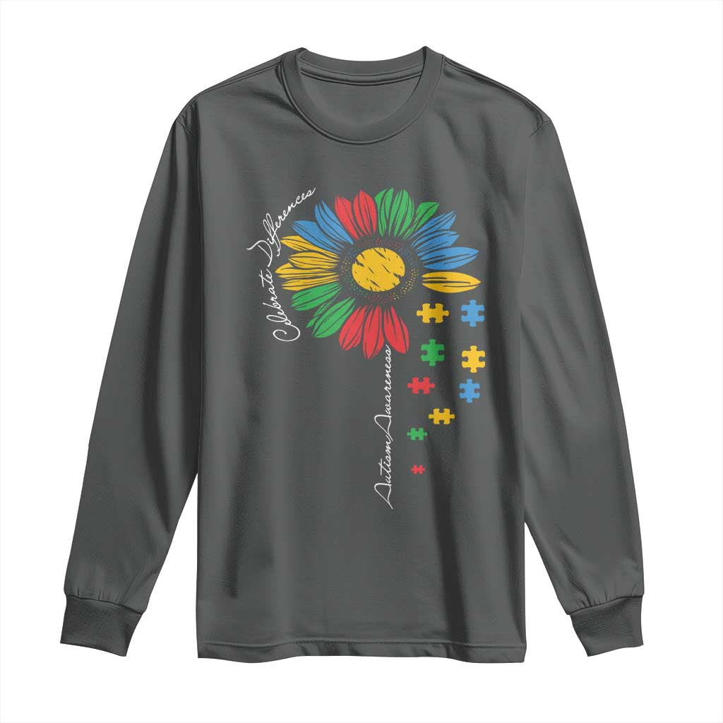 Autism Awareness Celebrate Differences Long Sleeve Shirt Sunflower Puzzle Pieces