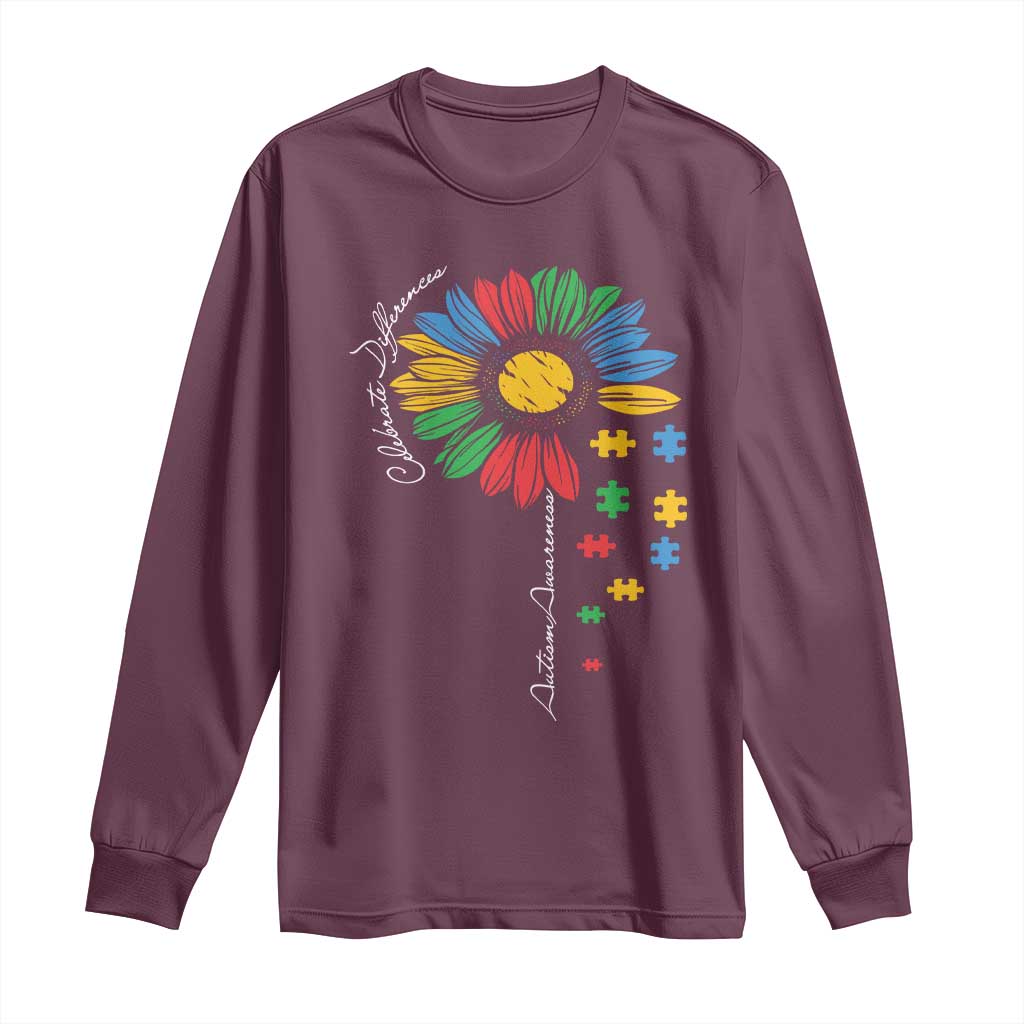 Autism Awareness Celebrate Differences Long Sleeve Shirt Sunflower Puzzle Pieces