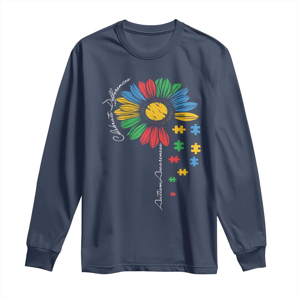 Autism Awareness Celebrate Differences Long Sleeve Shirt Sunflower Puzzle Pieces