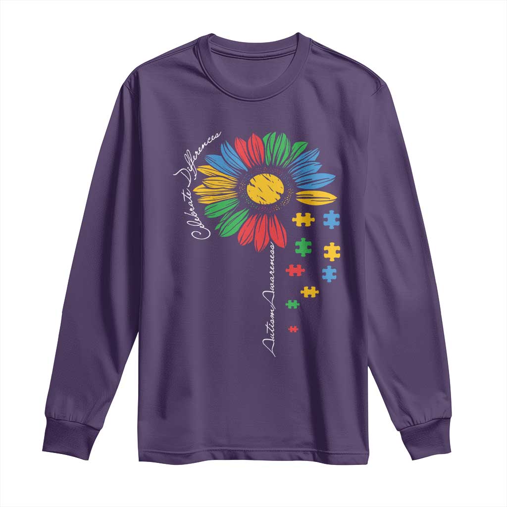 Autism Awareness Celebrate Differences Long Sleeve Shirt Sunflower Puzzle Pieces