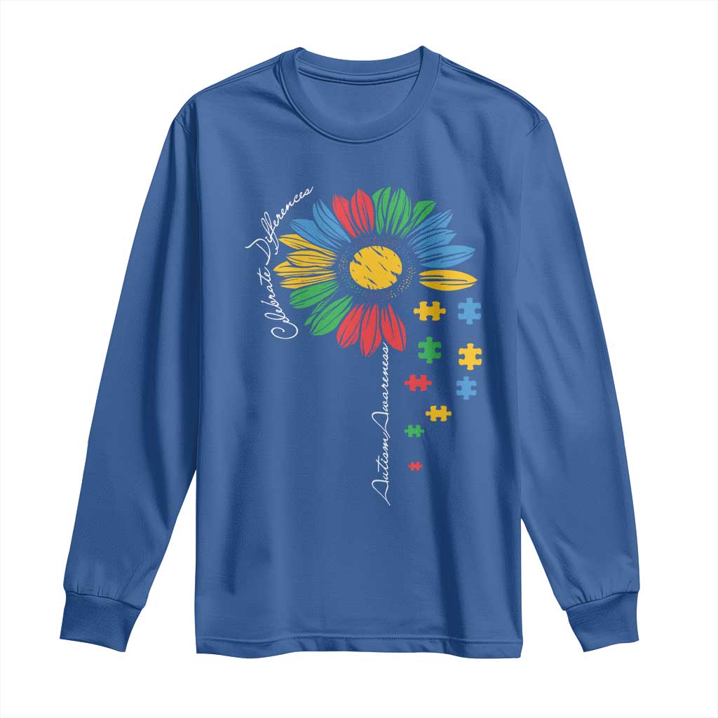 Autism Awareness Celebrate Differences Long Sleeve Shirt Sunflower Puzzle Pieces