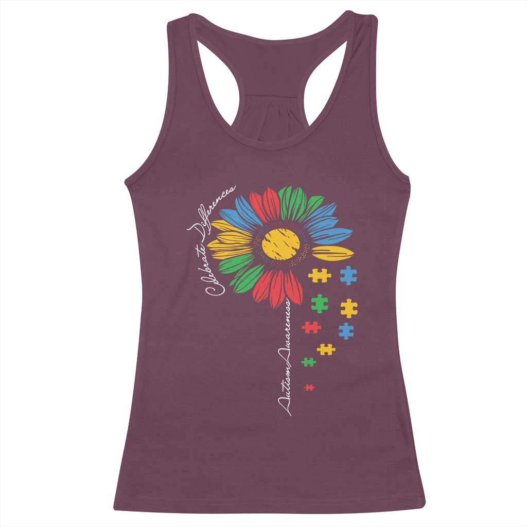 Autism Awareness Celebrate Differences Racerback Tank Top Sunflower Puzzle Pieces