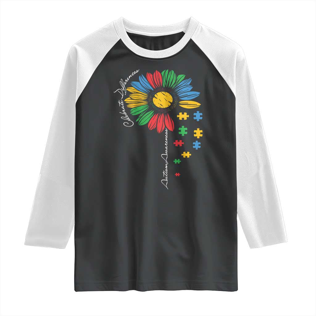 Autism Awareness Celebrate Differences Raglan Shirt Sunflower Puzzle Pieces