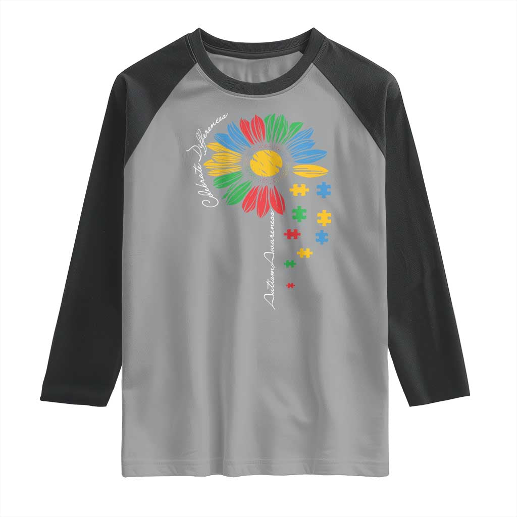 Autism Awareness Celebrate Differences Raglan Shirt Sunflower Puzzle Pieces