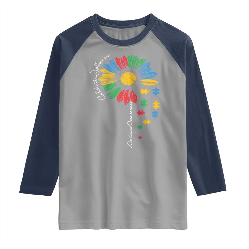 Autism Awareness Celebrate Differences Raglan Shirt Sunflower Puzzle Pieces