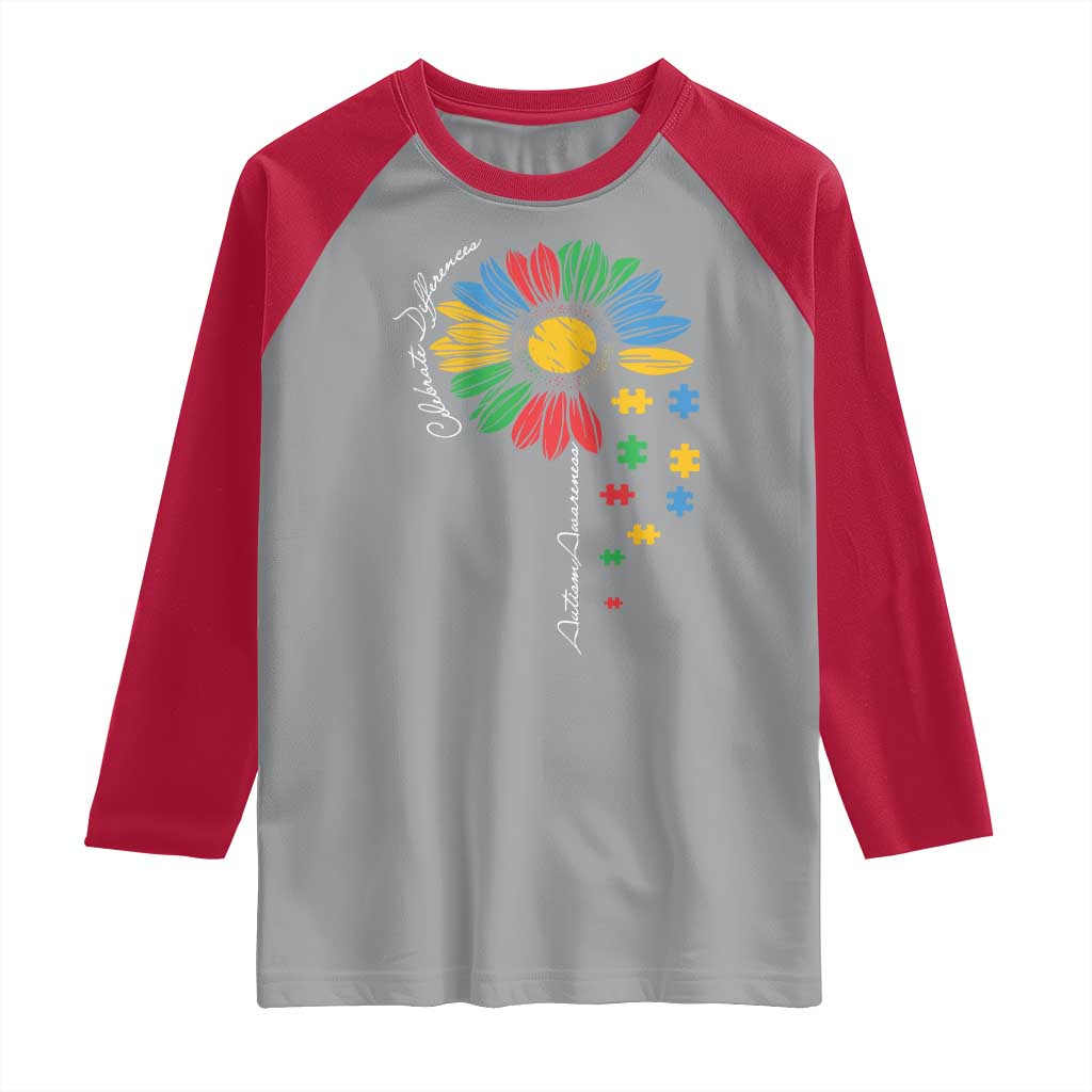 Autism Awareness Celebrate Differences Raglan Shirt Sunflower Puzzle Pieces