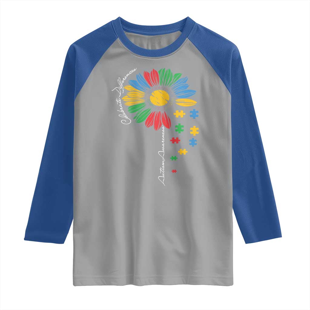 Autism Awareness Celebrate Differences Raglan Shirt Sunflower Puzzle Pieces