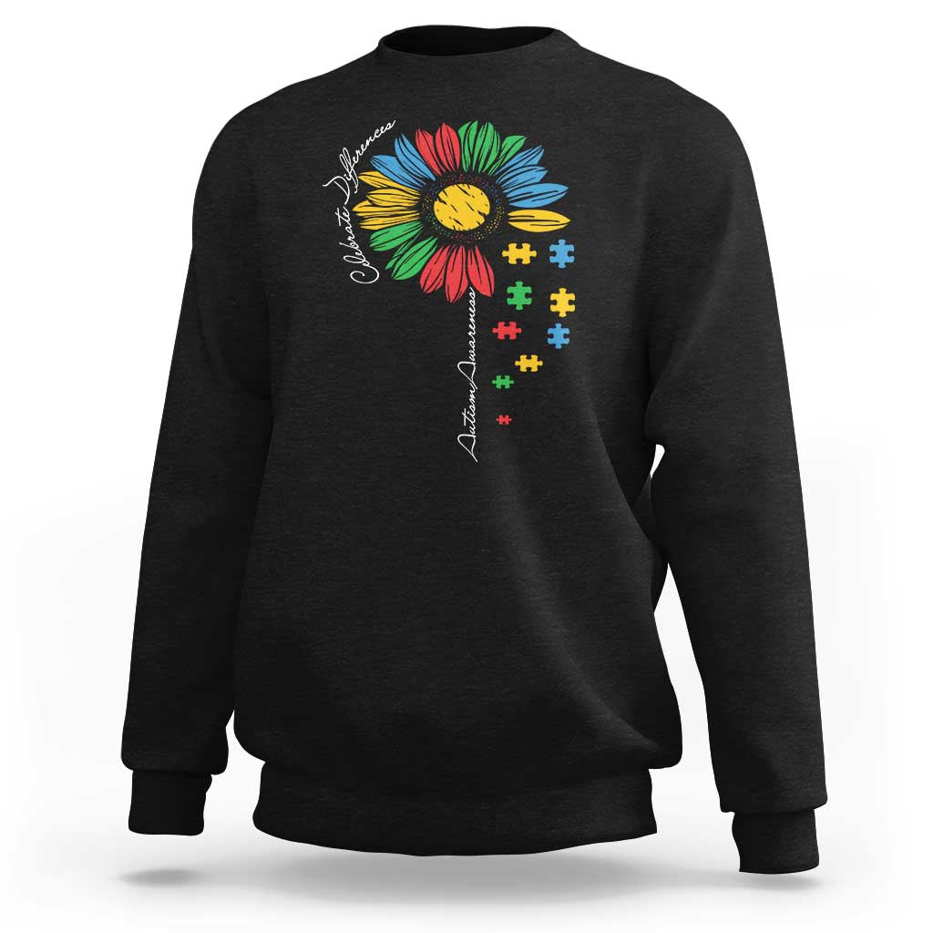 Autism Awareness Celebrate Differences Sweatshirt Sunflower Puzzle Pieces