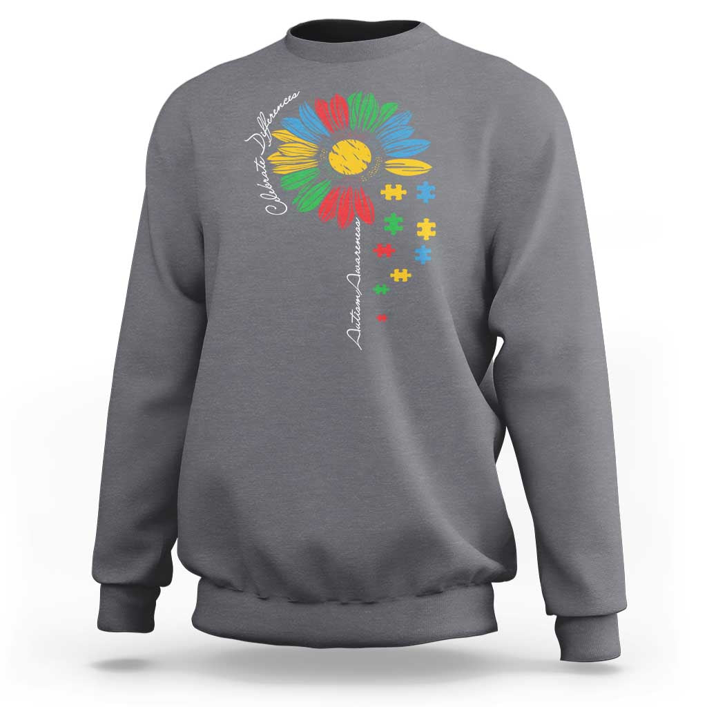 Autism Awareness Celebrate Differences Sweatshirt Sunflower Puzzle Pieces