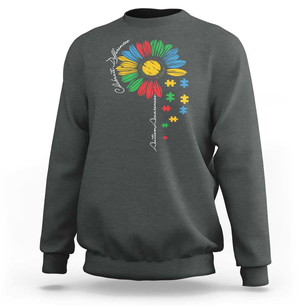 Autism Awareness Celebrate Differences Sweatshirt Sunflower Puzzle Pieces