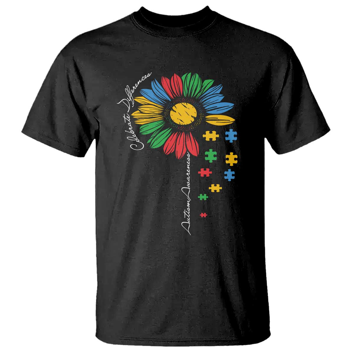 Autism Awareness Celebrate Differences T Shirt Sunflower Puzzle Pieces