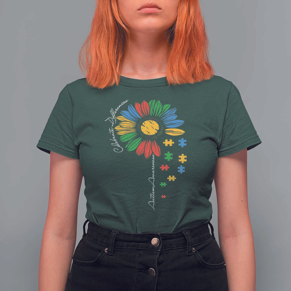 Autism Awareness Celebrate Differences T Shirt For Women Sunflower Puzzle Pieces