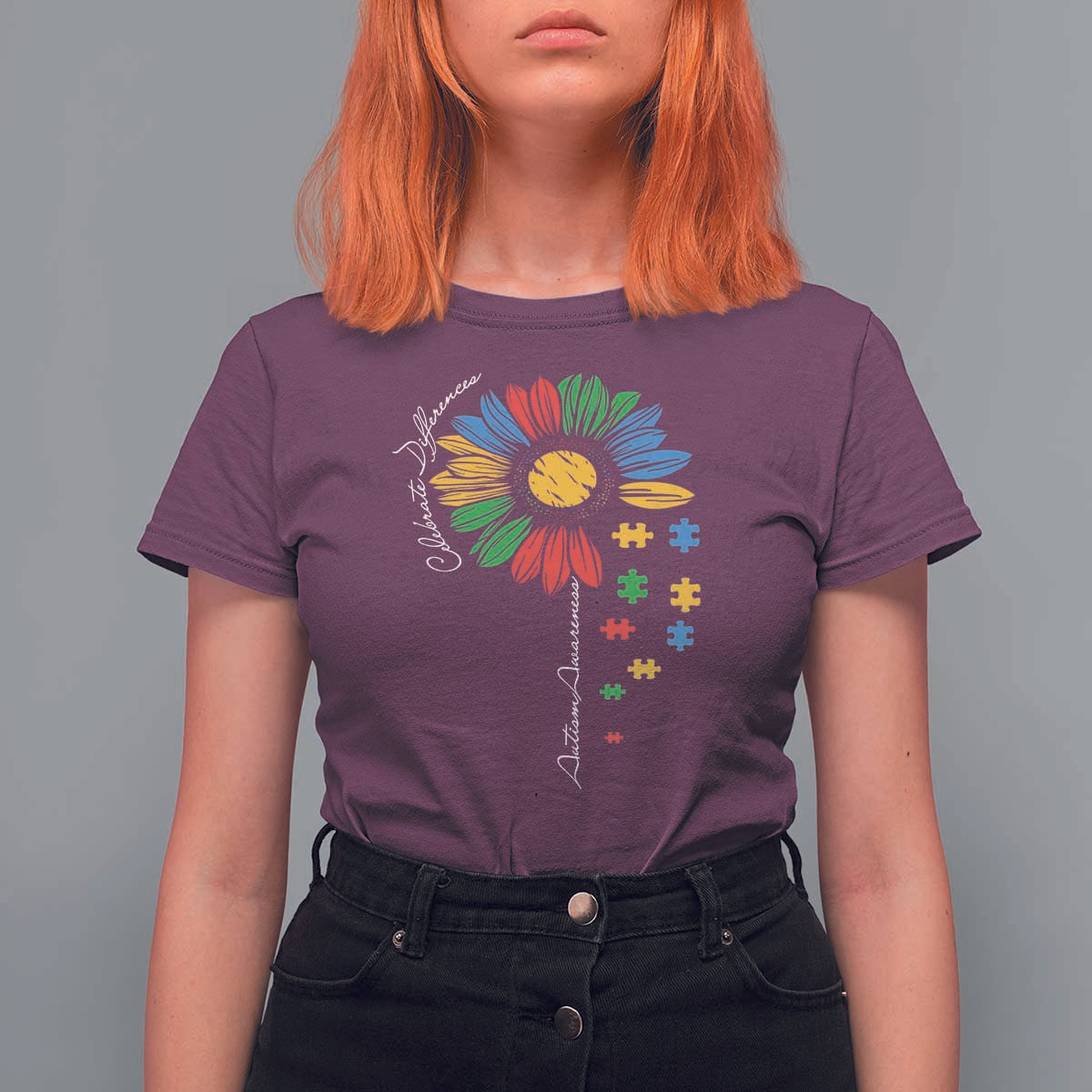 Autism Awareness Celebrate Differences T Shirt For Women Sunflower Puzzle Pieces
