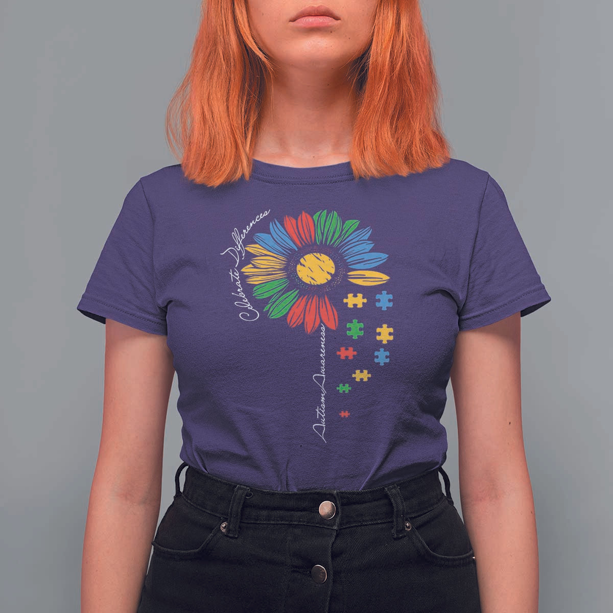 Autism Awareness Celebrate Differences T Shirt For Women Sunflower Puzzle Pieces