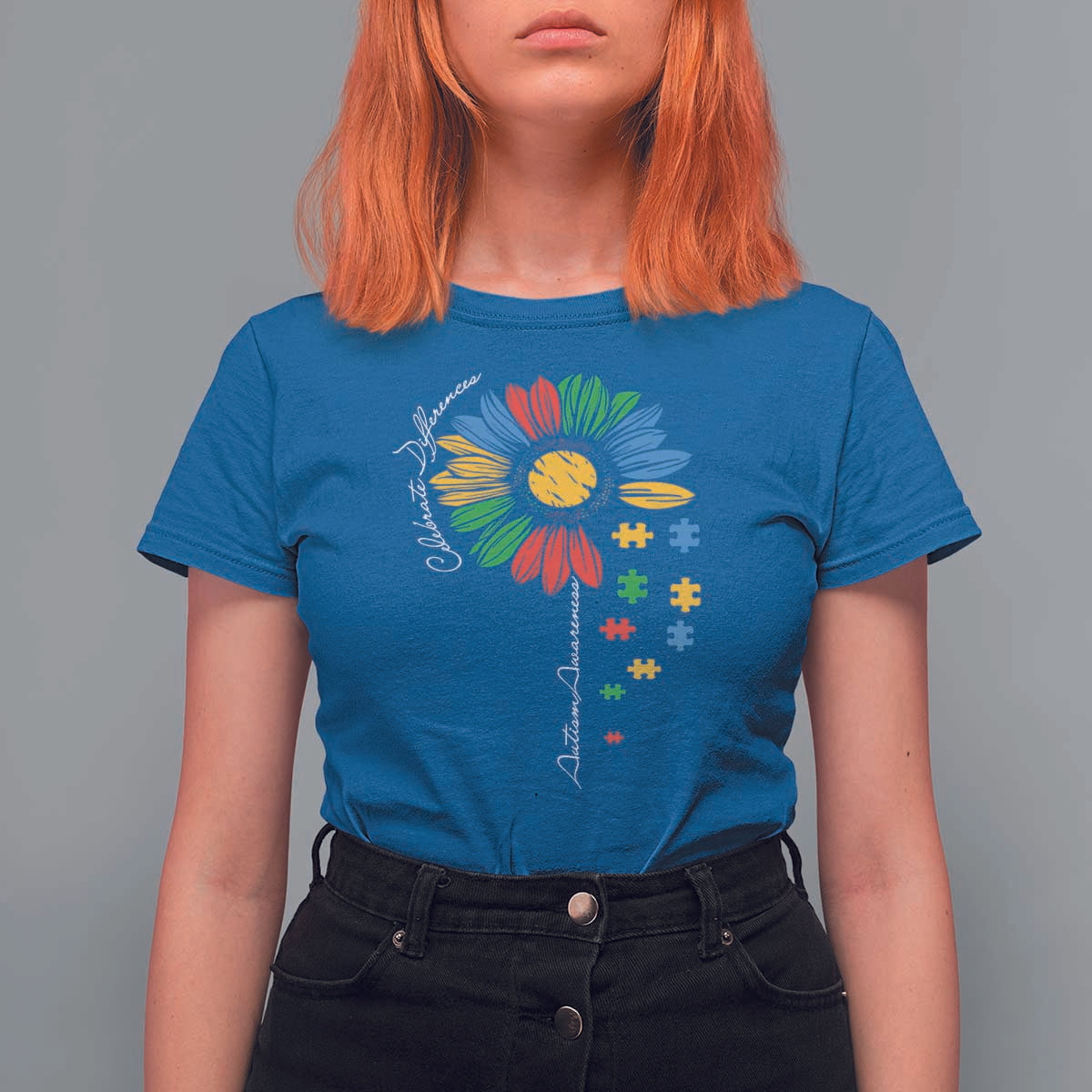 Autism Awareness Celebrate Differences T Shirt For Women Sunflower Puzzle Pieces