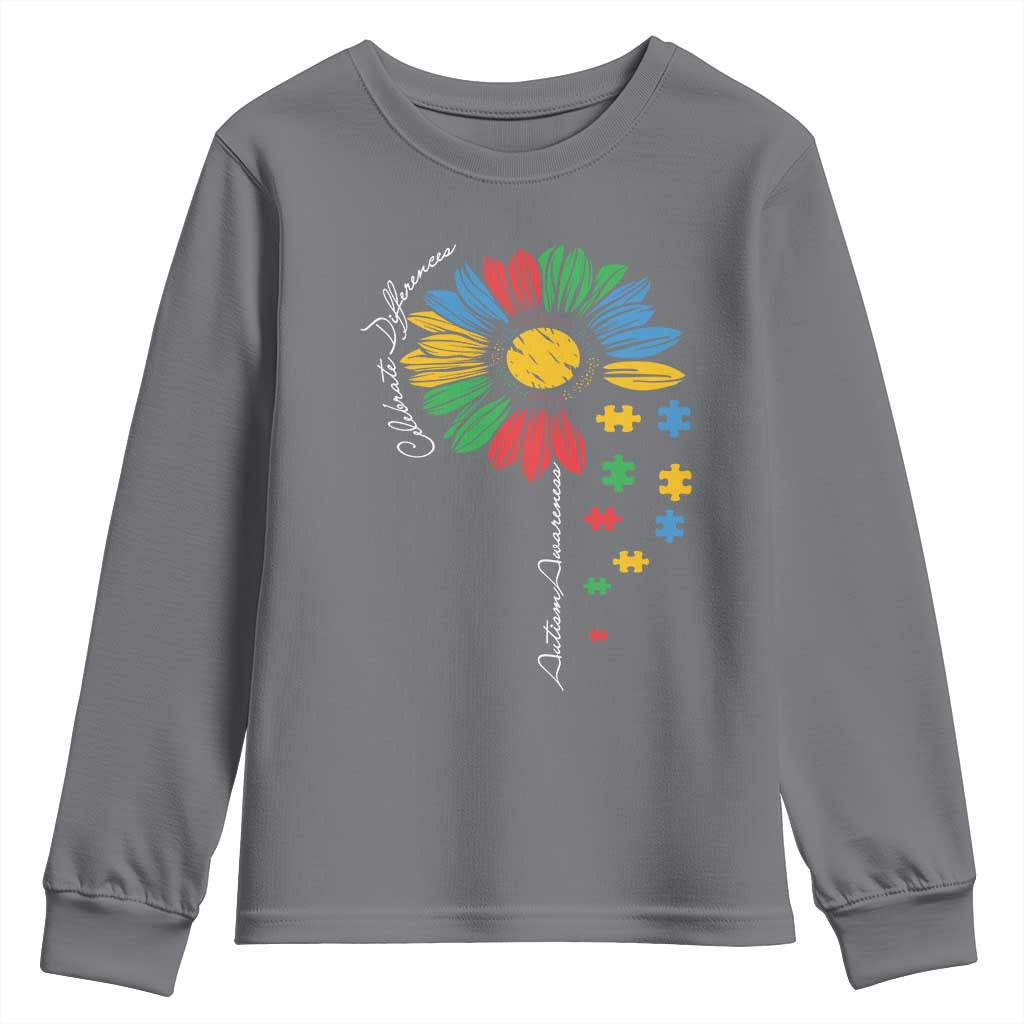 Autism Awareness Celebrate Differences Youth Sweatshirt Sunflower Puzzle Pieces