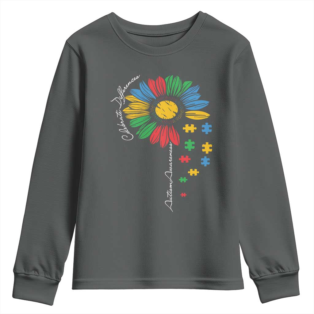 Autism Awareness Celebrate Differences Youth Sweatshirt Sunflower Puzzle Pieces