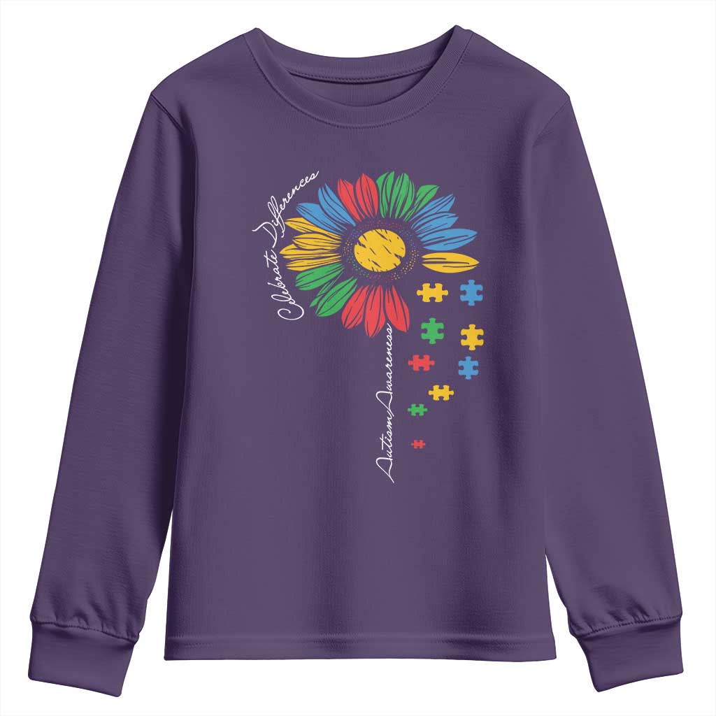 Autism Awareness Celebrate Differences Youth Sweatshirt Sunflower Puzzle Pieces