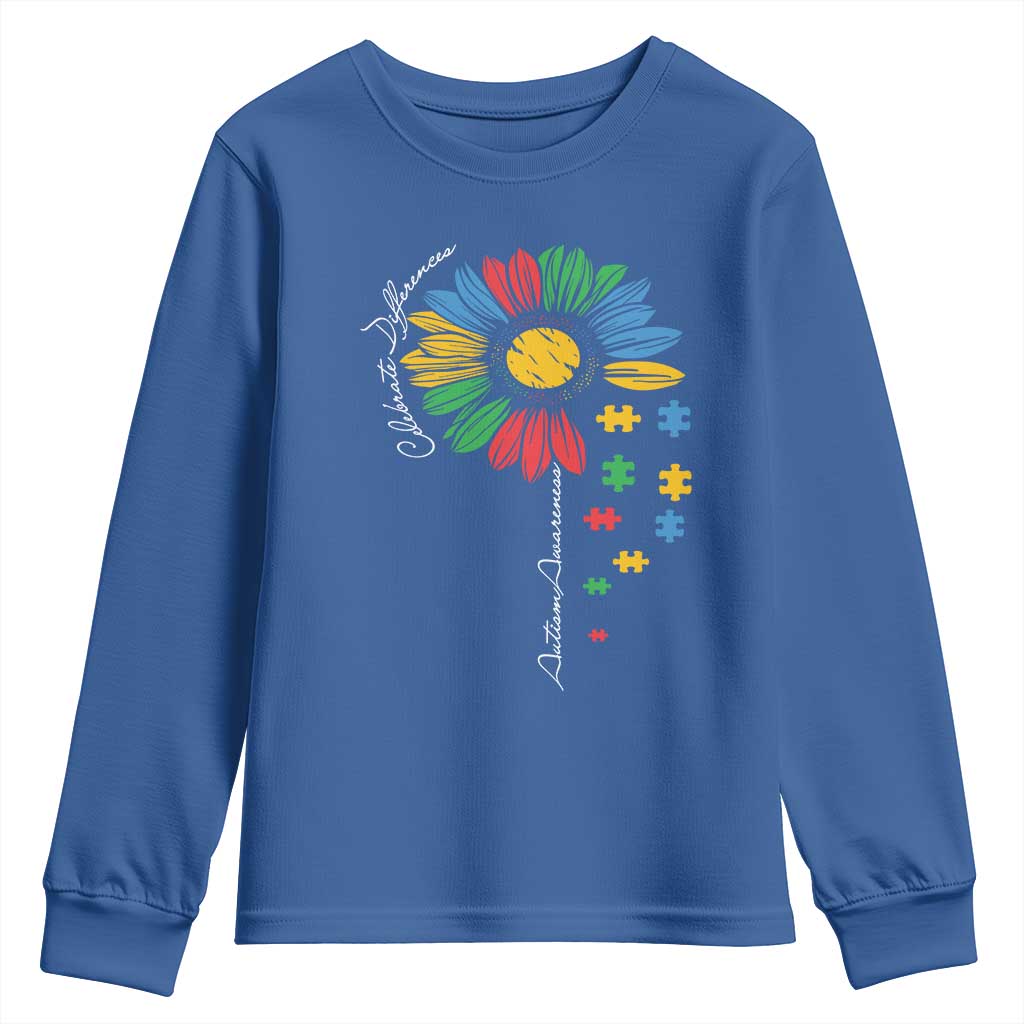 Autism Awareness Celebrate Differences Youth Sweatshirt Sunflower Puzzle Pieces