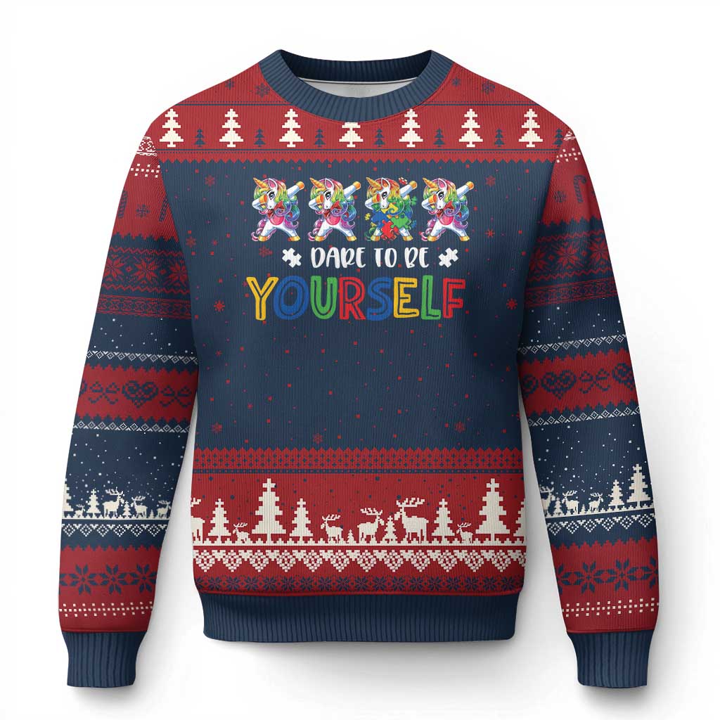 Funny Autism Awareness Dare To Be Yourself Ugly Christmas Sweater Dabbing Unicorn