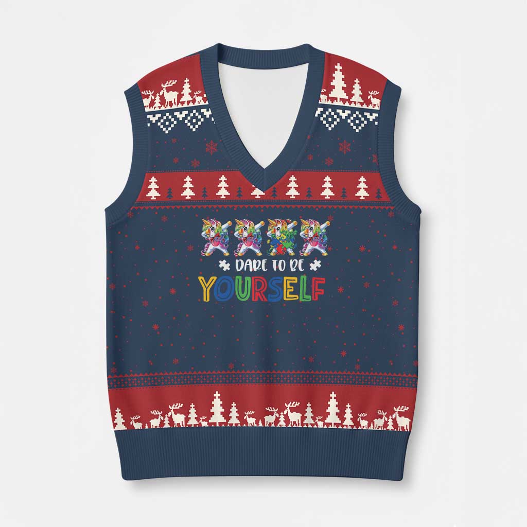 Funny Autism Awareness Dare To Be Yourself V-Neck Knit Sweater Vest Dabbing Unicorn