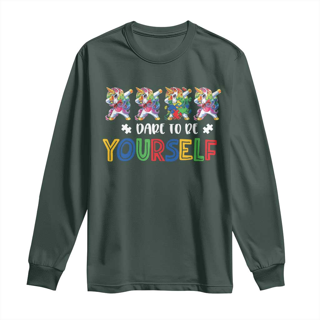 Funny Autism Awareness Dare To Be Yourself Long Sleeve Shirt Dabbing Unicorn