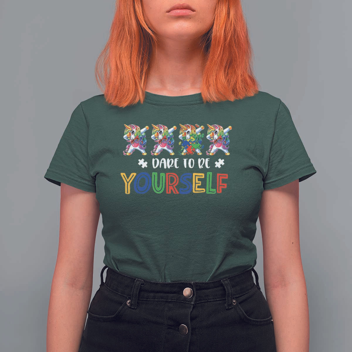 Funny Autism Awareness Dare To Be Yourself T Shirt For Women Dabbing Unicorn